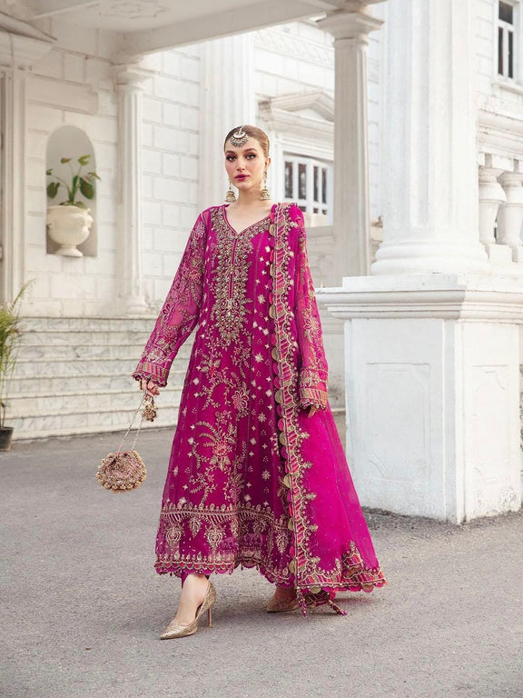 Maria.B Luxury Chiffon Pinkish Pink Dress Embroidered 3 Piece Unstitched