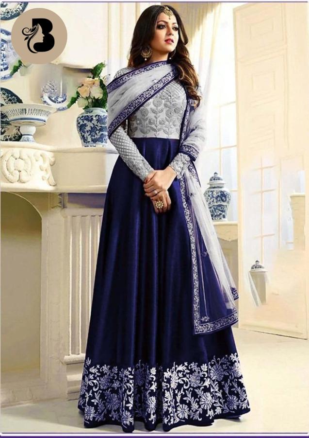 Indian Embroidered BLUE Chiffon Maxi Dress (DZ18213)