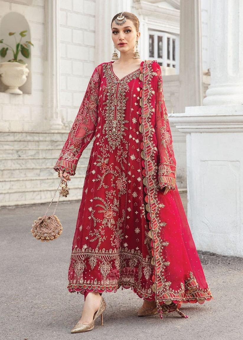 Maria.B Luxury Chiffon Pinkish Red Dress Embroidered 3 Piece Unstitched