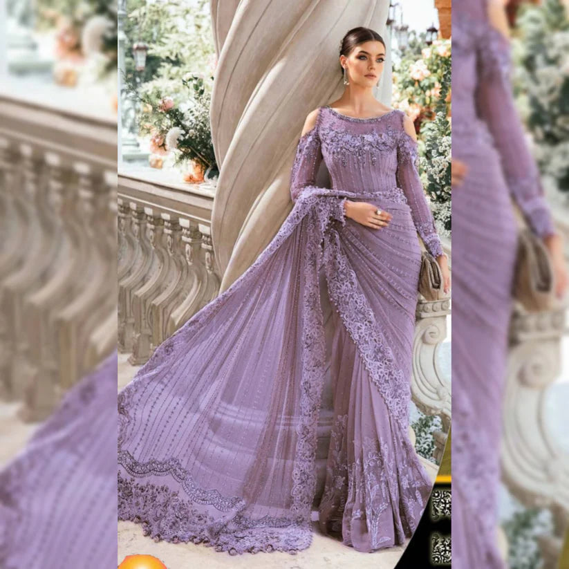 Maria B Purple Formal Saree Collection Net Replica